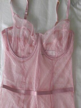 VICTORIA'S SECRET DREAM ANGELS mesh merrywidow & thong NEW XL pink flocked dot